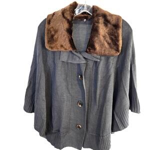 Women's Gray Cape One Size Fits Small - Large Removable Collar Coat Jacket